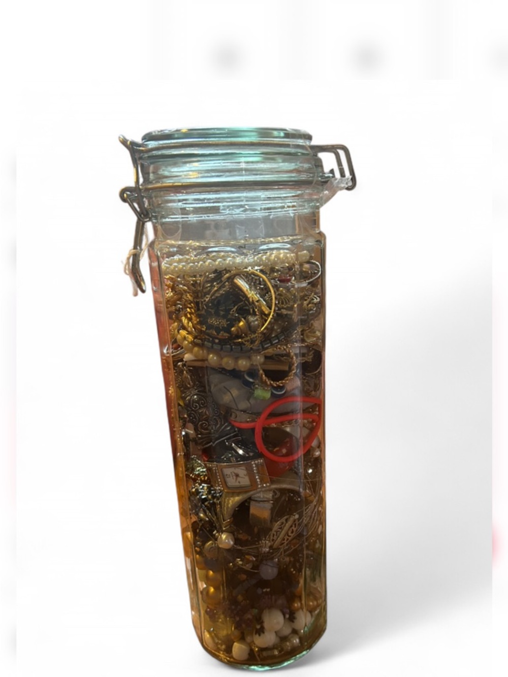 Glass Jar Jewelry Organizer with Gold and Clear Accents